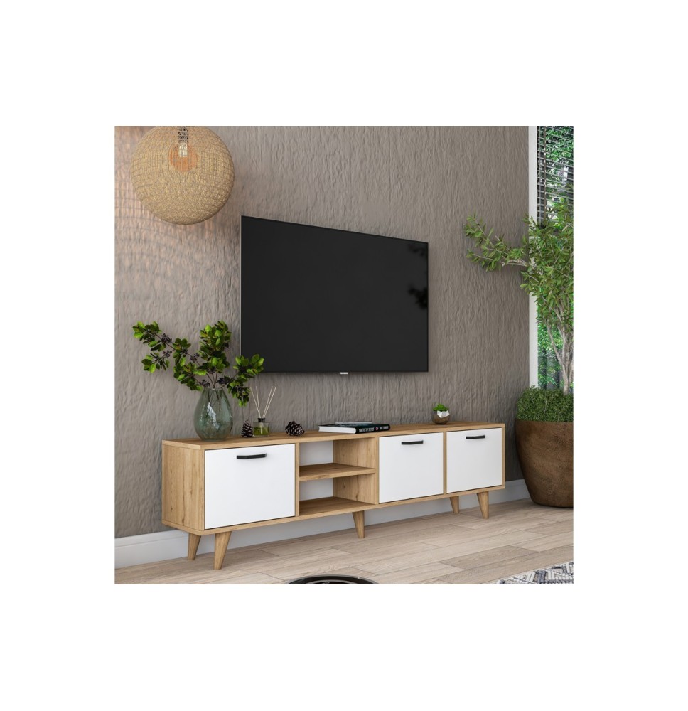 Mueble TV Color Blanco Nogal Melamina Natural - Patas Madera - 180x29.7x48.6 cm - 3 Cajones y Estantes.